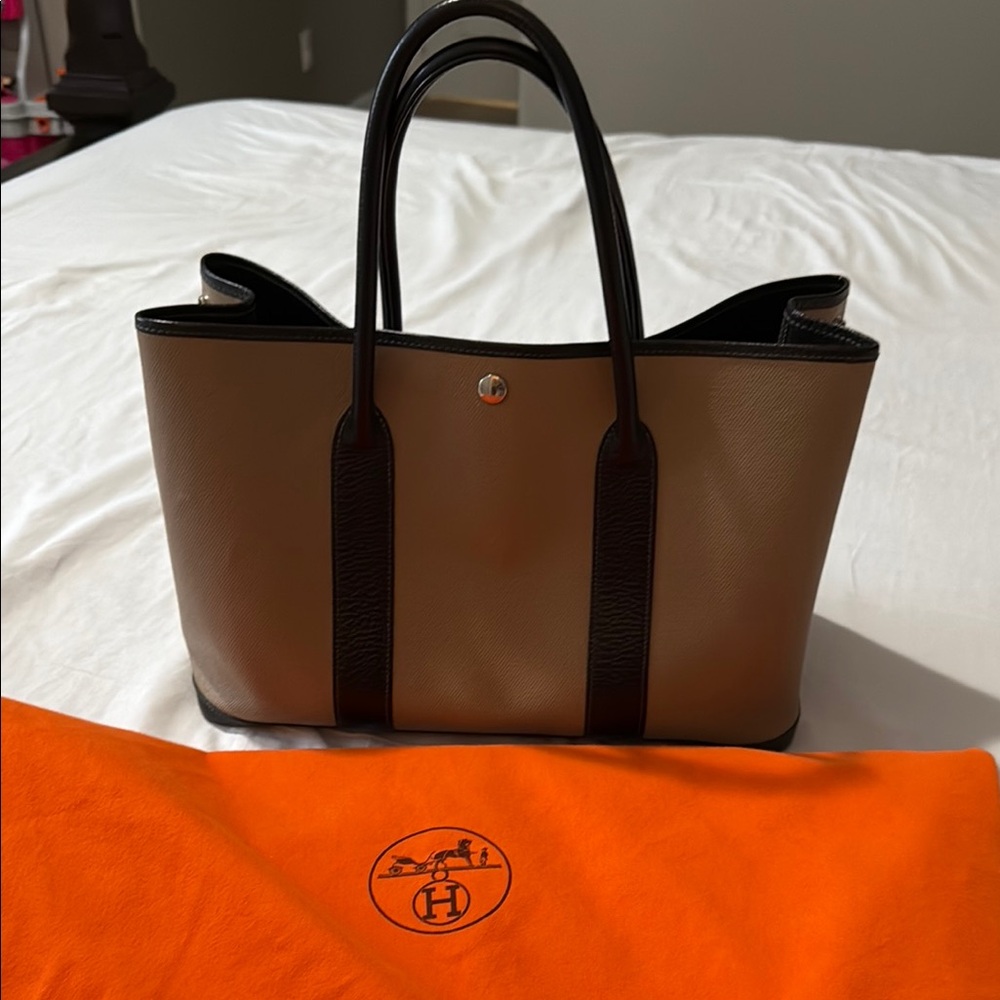 Hermes Tan and Black Leather Garden Party Tote